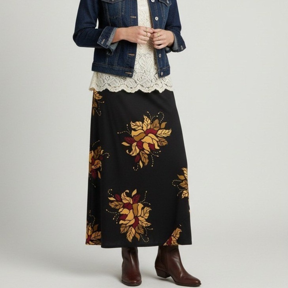 Vintage First Option S Black Floral Maxi Skirt Earthy Boho 90s Grunge Whimsigoth